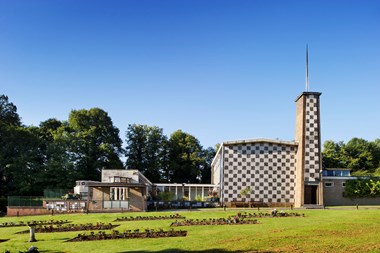 Salisbury Crematorium, Wiltshire, garden in foreground and principal building