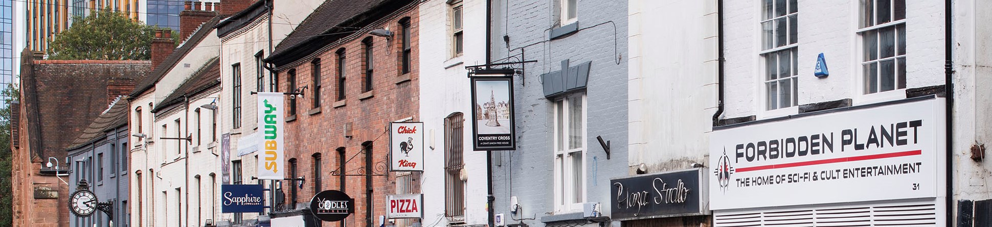 A row of shops in the Burges Conservation area, Coventry.