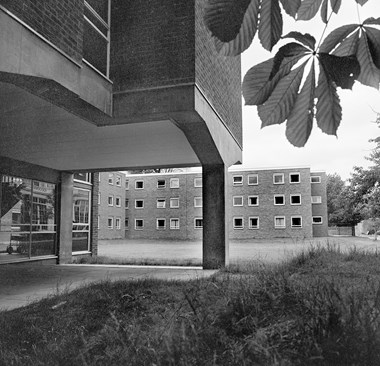 The ground floor has an open section where the building has been raised on stilts. This is a key feature of Modernist architecture, and allows full use of the ground.