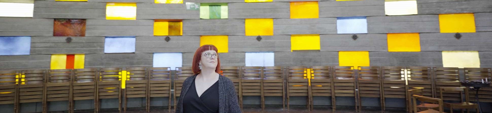 Angela Barnes in the Meeting House at the University of Sussex