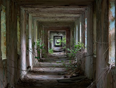 Long corridor of former military hospital at RAF Nocton Hall