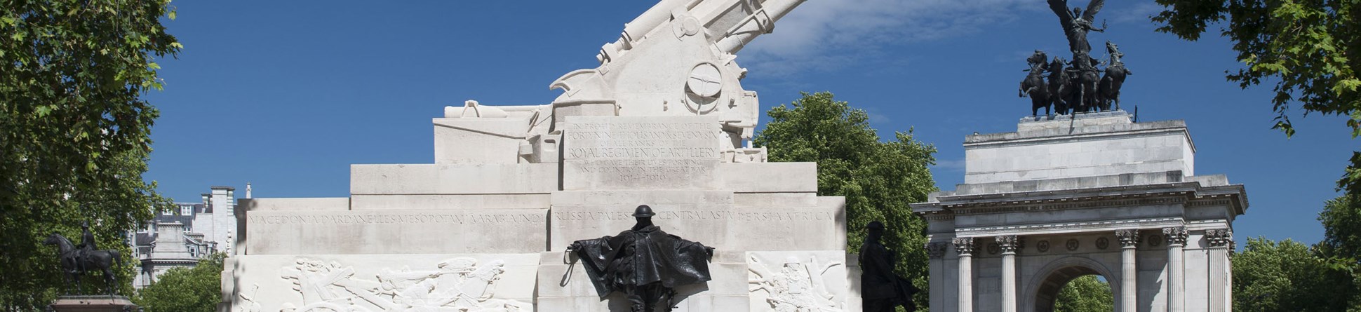 Royal Artillery Memorial against a blue sky, Hyde Park Corner, London.