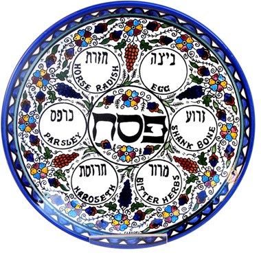 A plate decorated with floral patterns and inscriptions of ingredients in Hebrew and English: clockwise these read horse radish, egg, shank bone, bitter herbs, haroseth (haroset) and parsley.