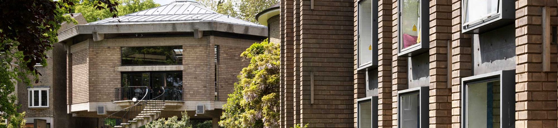 Exterior view of the Rayne building, halls of residence at Darwin College, Cambridge, with the Dining Hall in the background