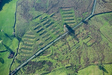 Aerial view of markings left in the landscape of a former war camp