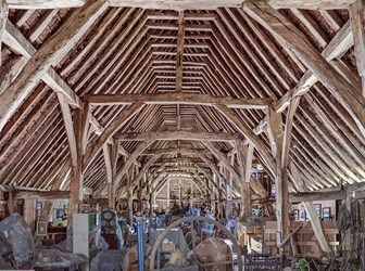 View of interior structure with Arch brace, Crown Posts, Tie Beams. View from east.
